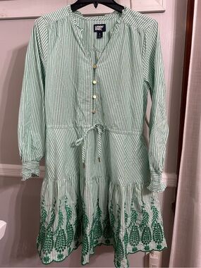 Lands' End Mint Green and White Striped Embroidered Tiered Dress